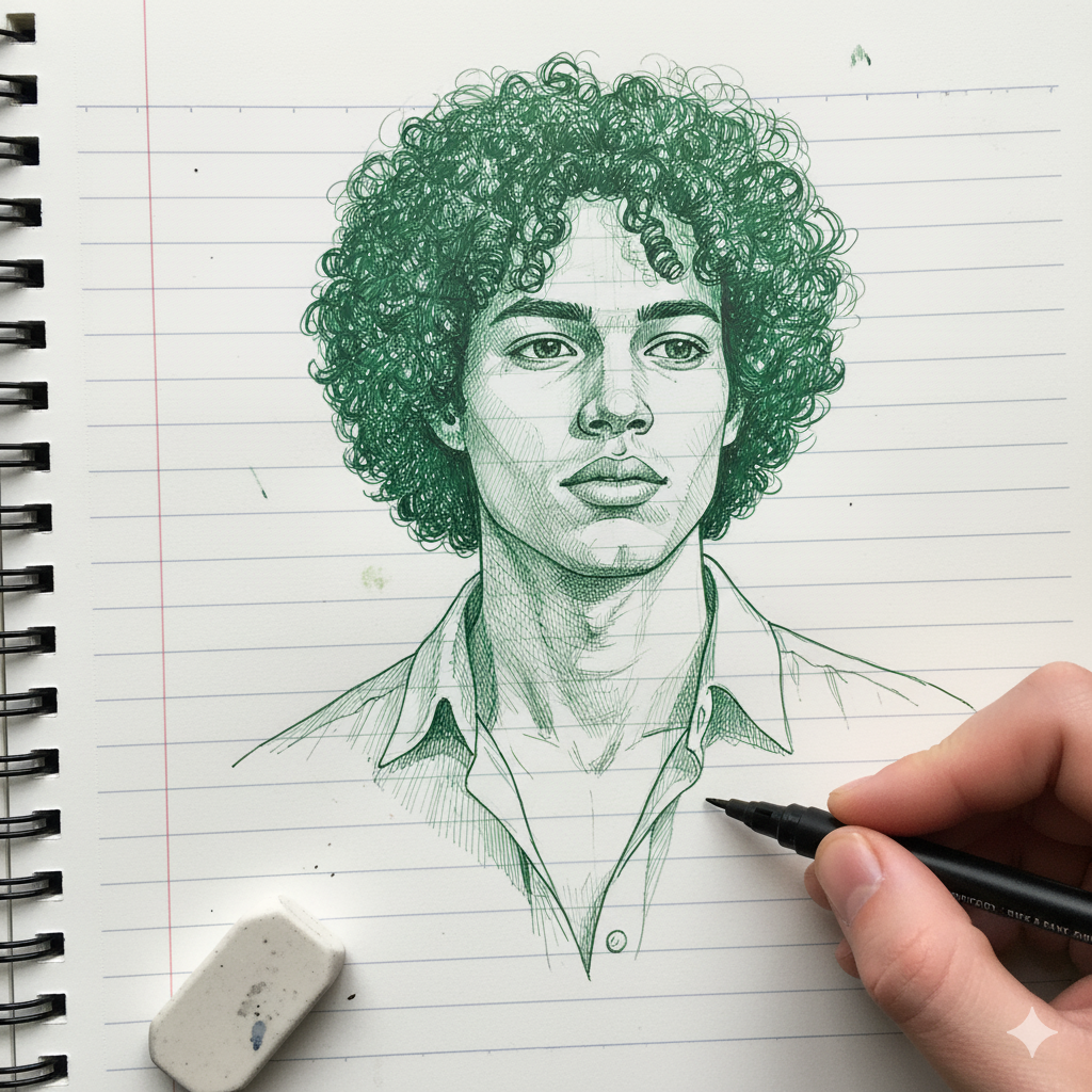 Green Ink Portrait Sketch in Progress