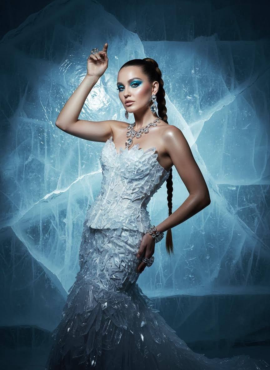 High-fashion editorial portrait of the Ice Queen