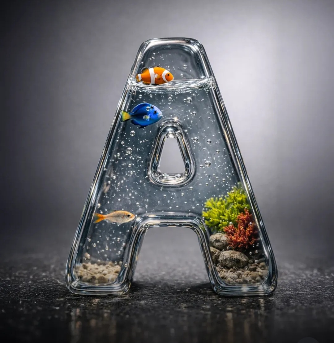 Glass Letter “A” with Miniature Aquatic World