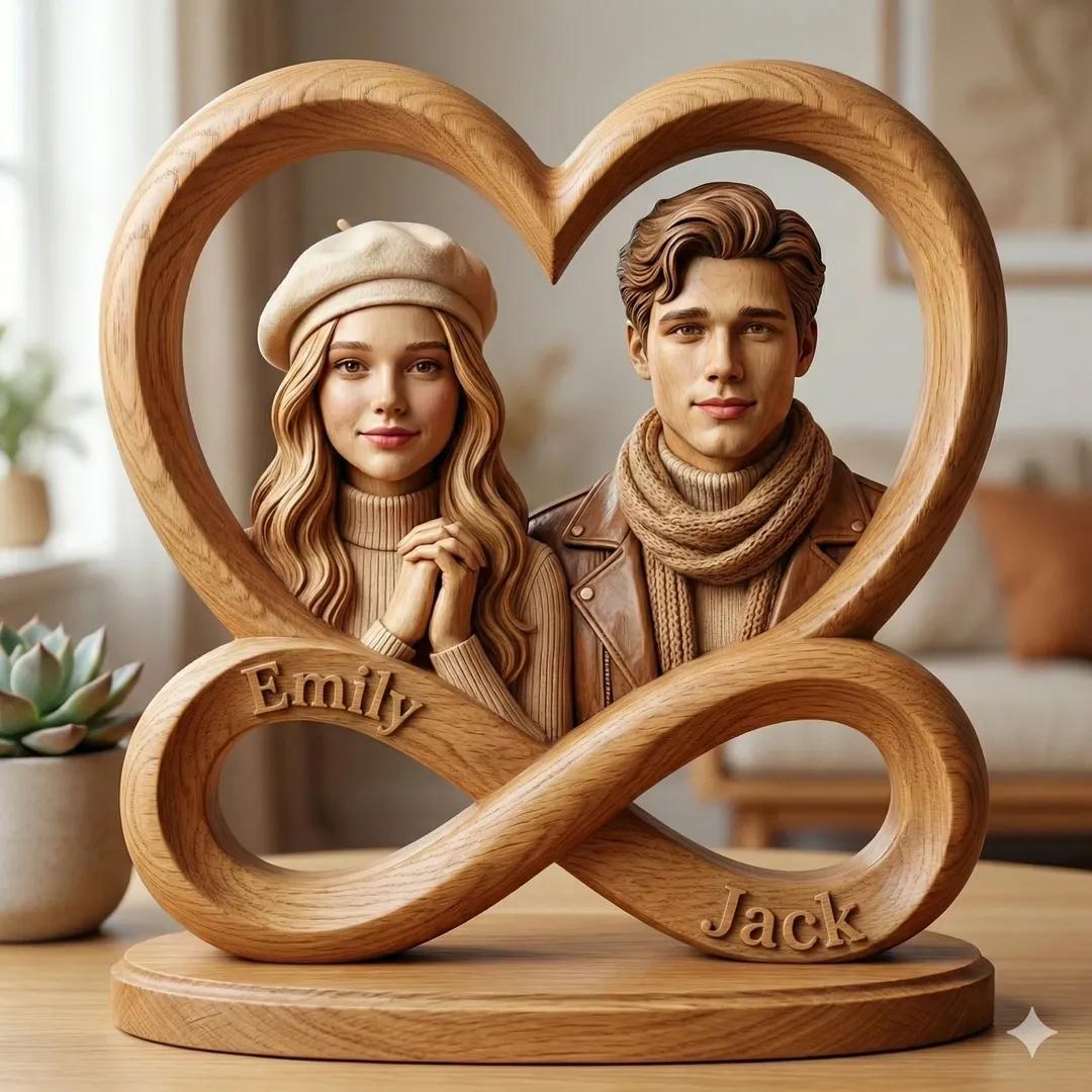 Heart & Infinity Oak Couple Sculpture